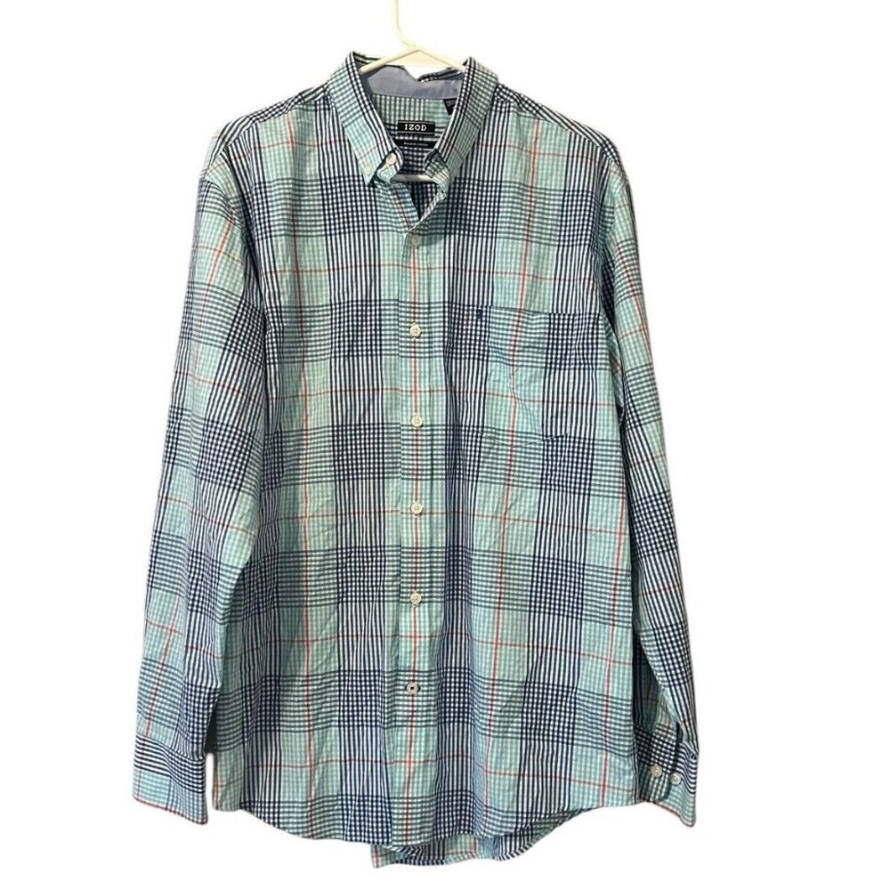 Izod Button‎ Down Plaid Shirt Men's M Blue Long Sleeve Non Iron Stretch Preppy